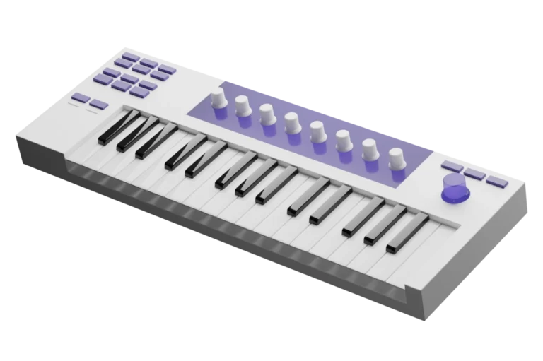 A modern white piano keyboard with purple buttons and knobs