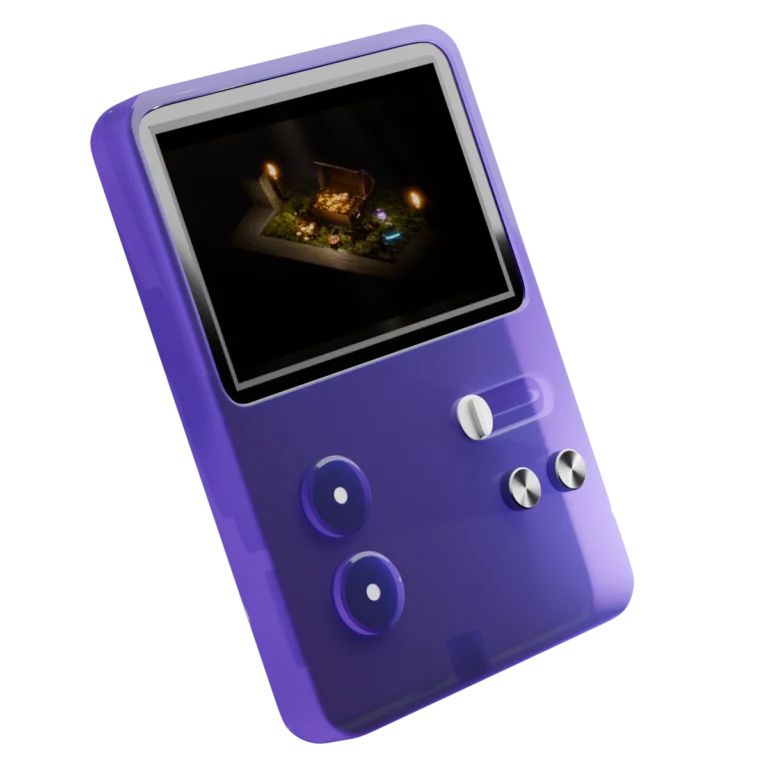 A transparent purple handheld game console, with UI Sounds Volume 3 - sound effects for games cover art displayed on the screen
